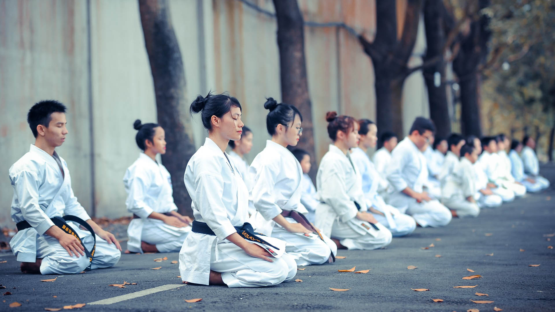 a disciplined group of martial artist meditating on the ground