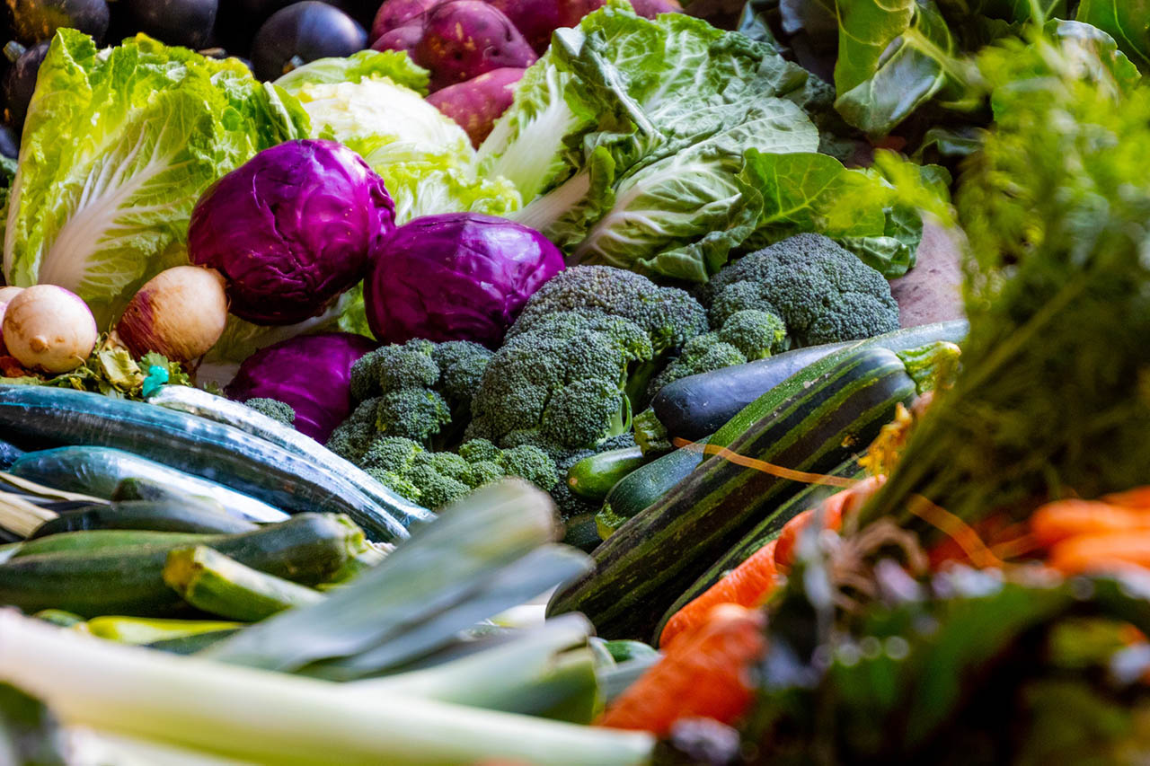 healthy, varied, balanced diet: close up of fresh fruits and vegetables